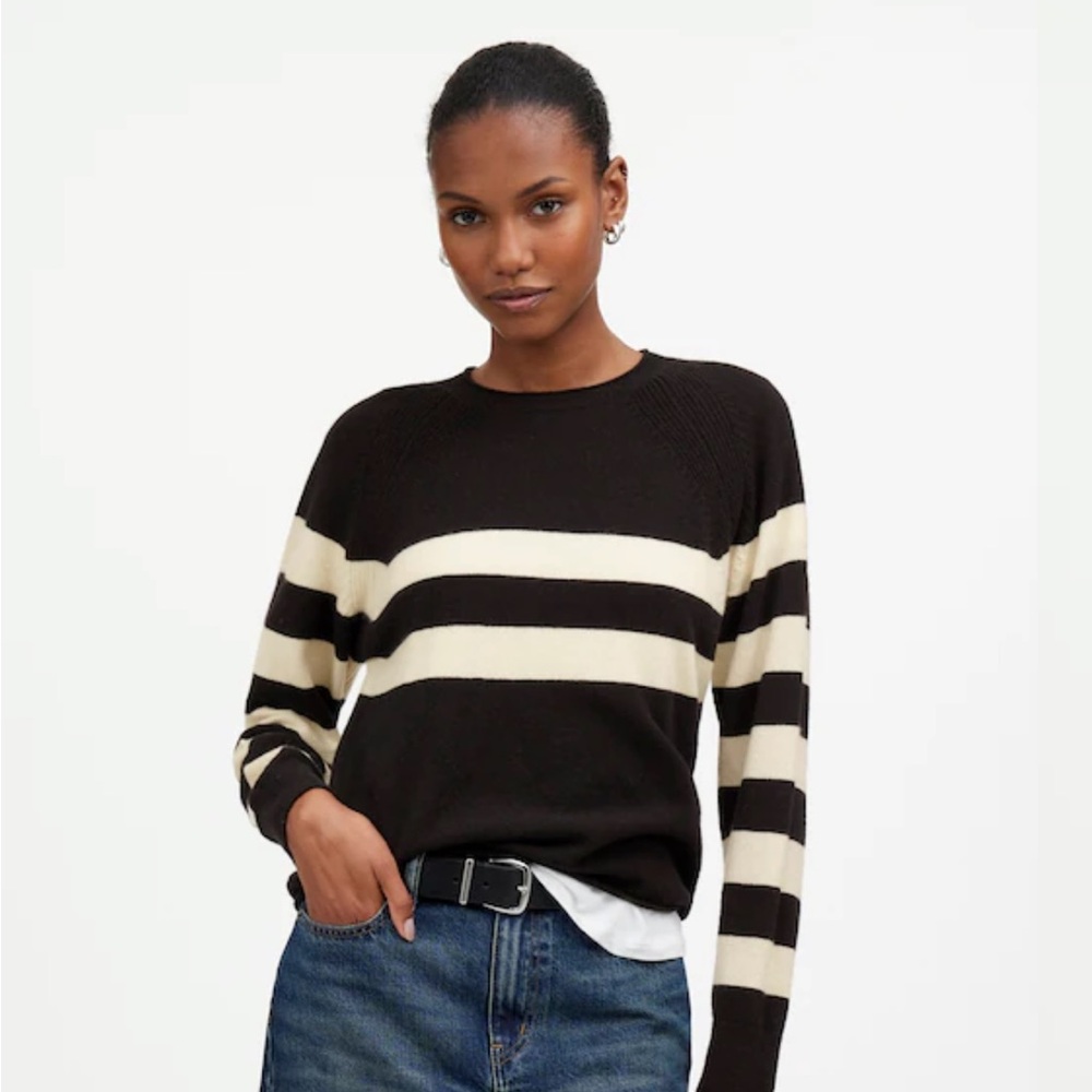 Madewell Cashmere Raglan Sweater Black & Cream Striped Crewneck - Women's